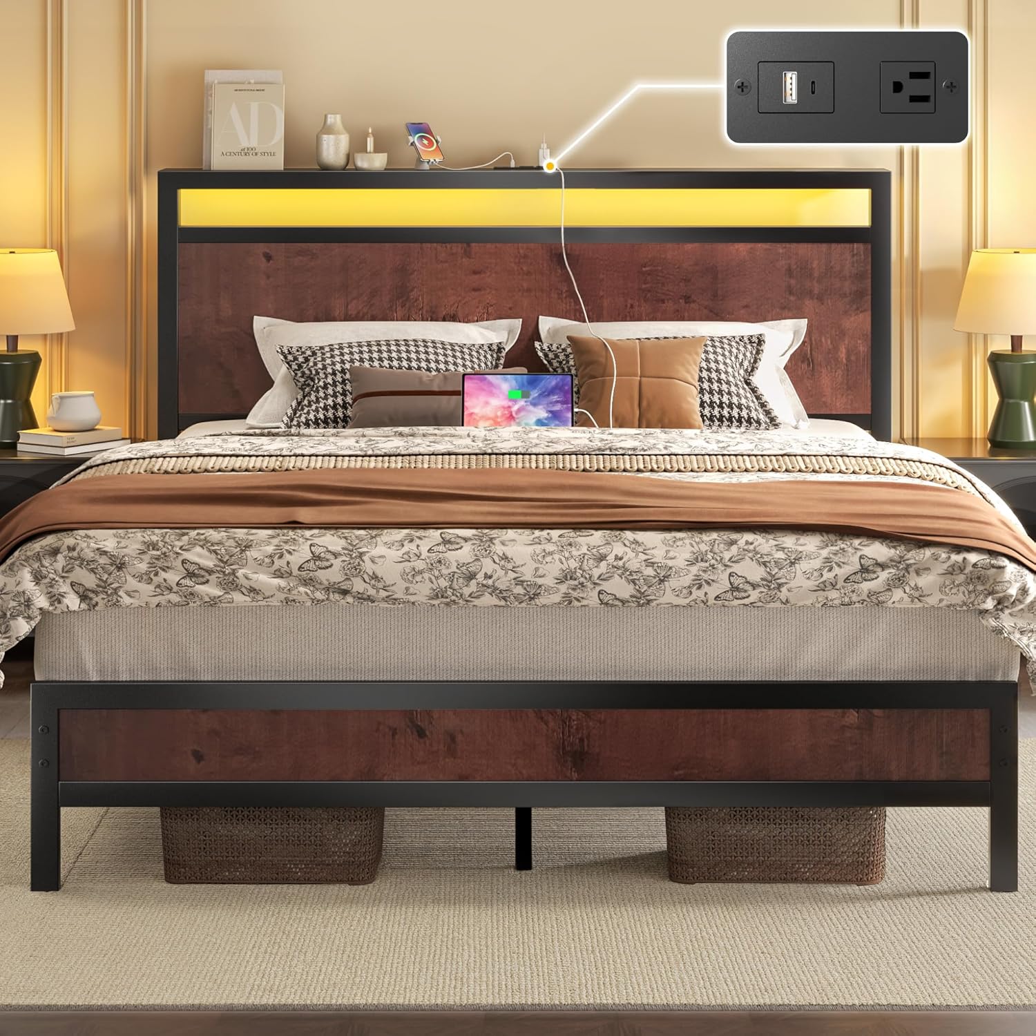 Queen Bed Frame with Headboard, Charging Station & LED Light