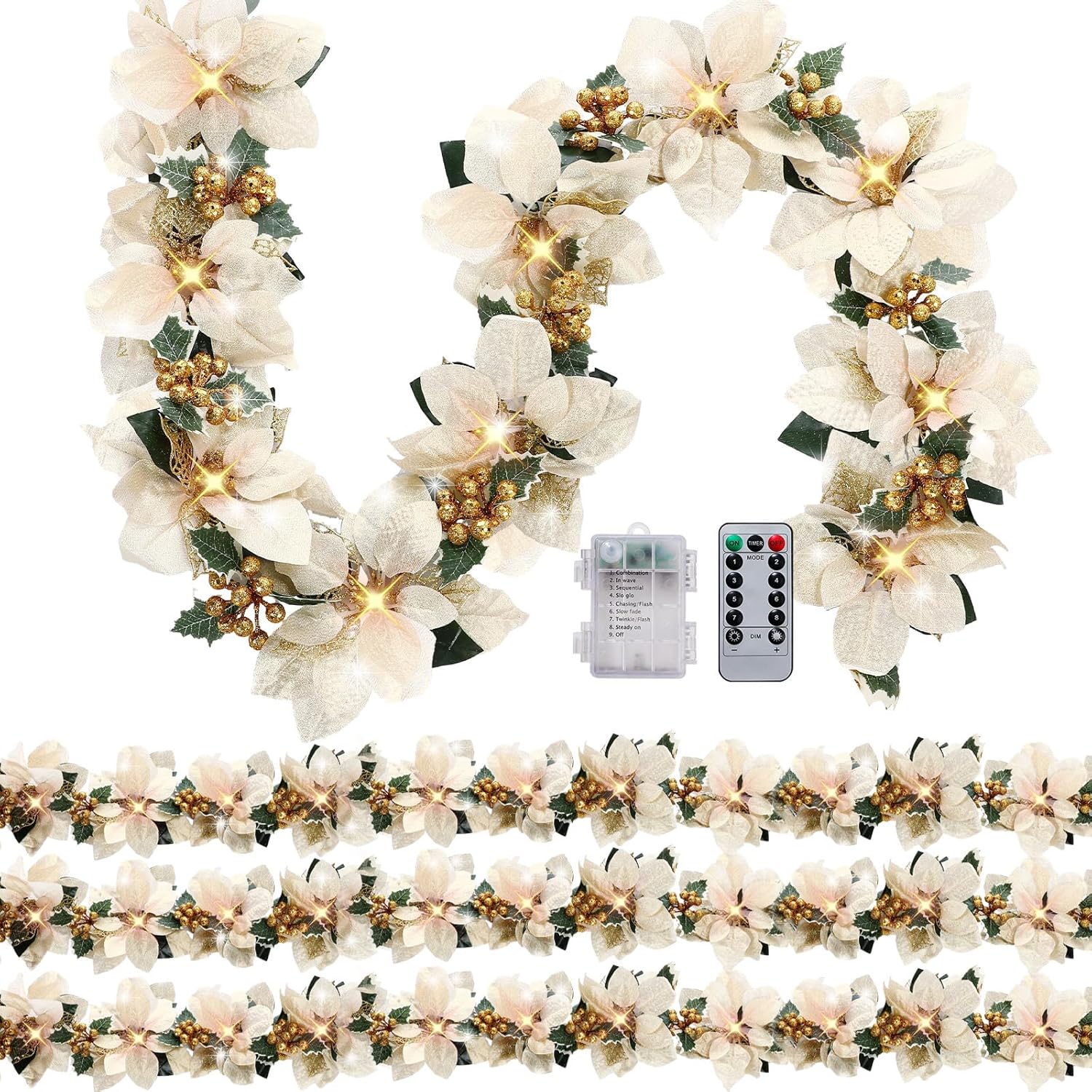 Prelit Poinsettia Christmas Garland with Lights for Decor