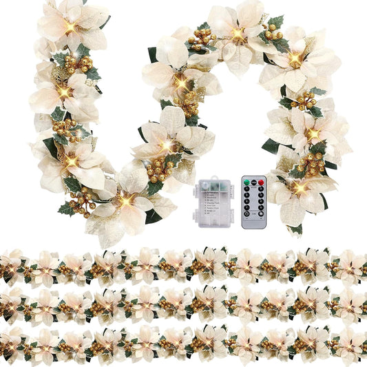 Prelit Poinsettia Christmas Garland with Lights for Decor