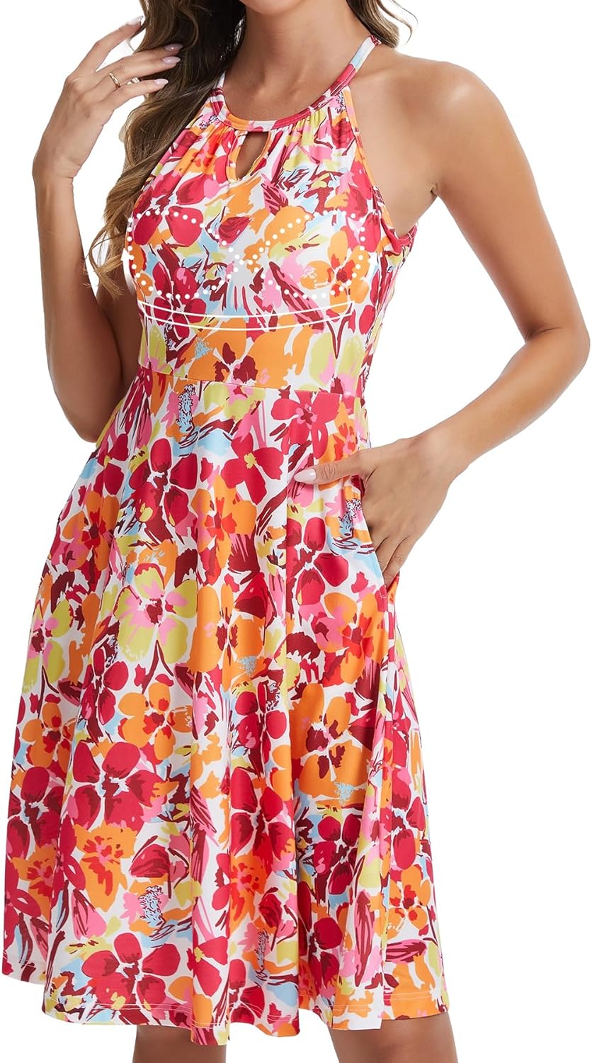 ANYFITTING Built in Bra Halter Dresses for Women with Pockets
