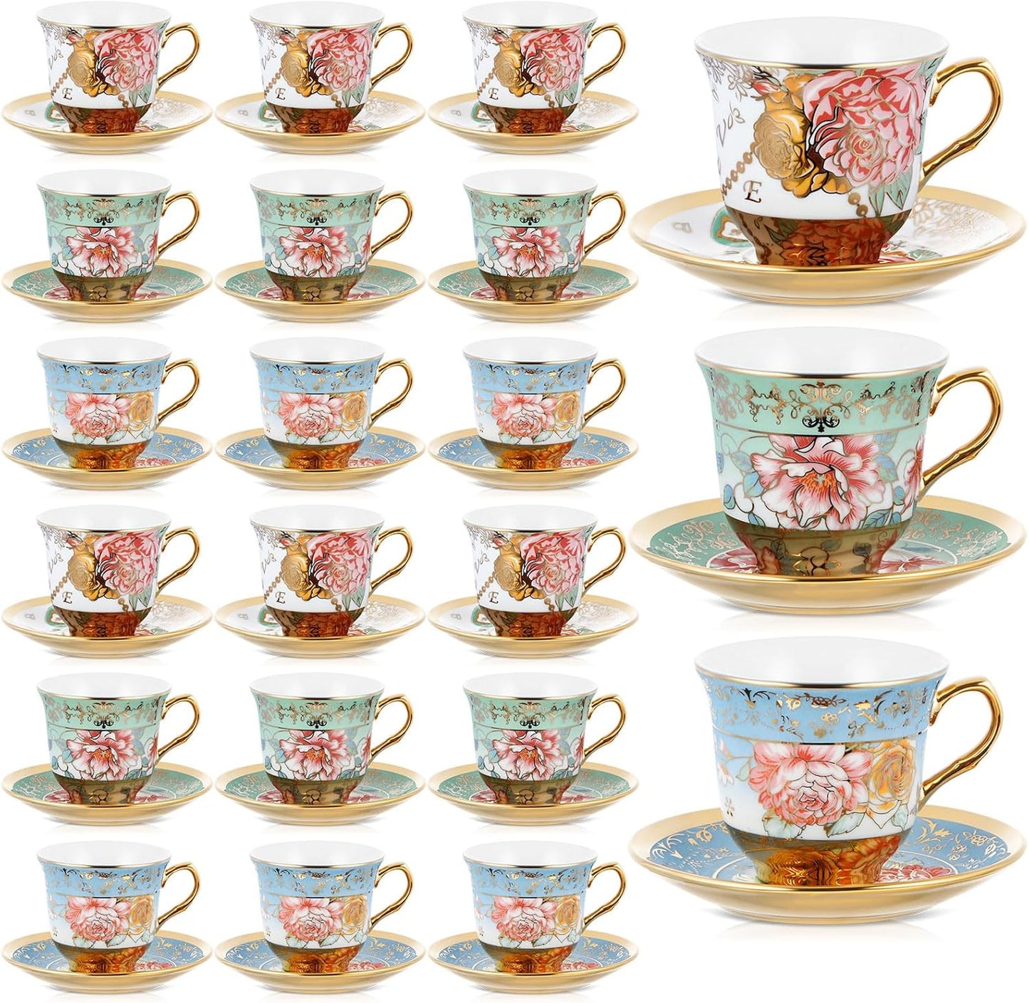 Set of 18 Floral Porcelain Tea Cups and Saucers for Parties