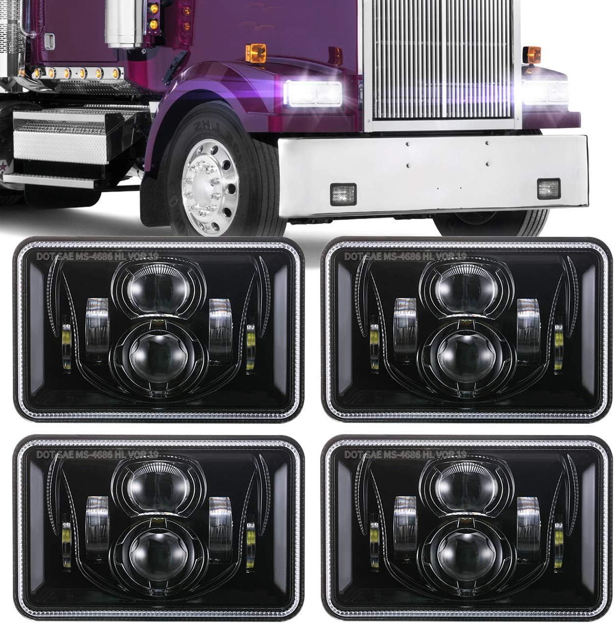 BICYACO 4x6 Inch LED Headlights for Kenworth and Peterbilt Trucks