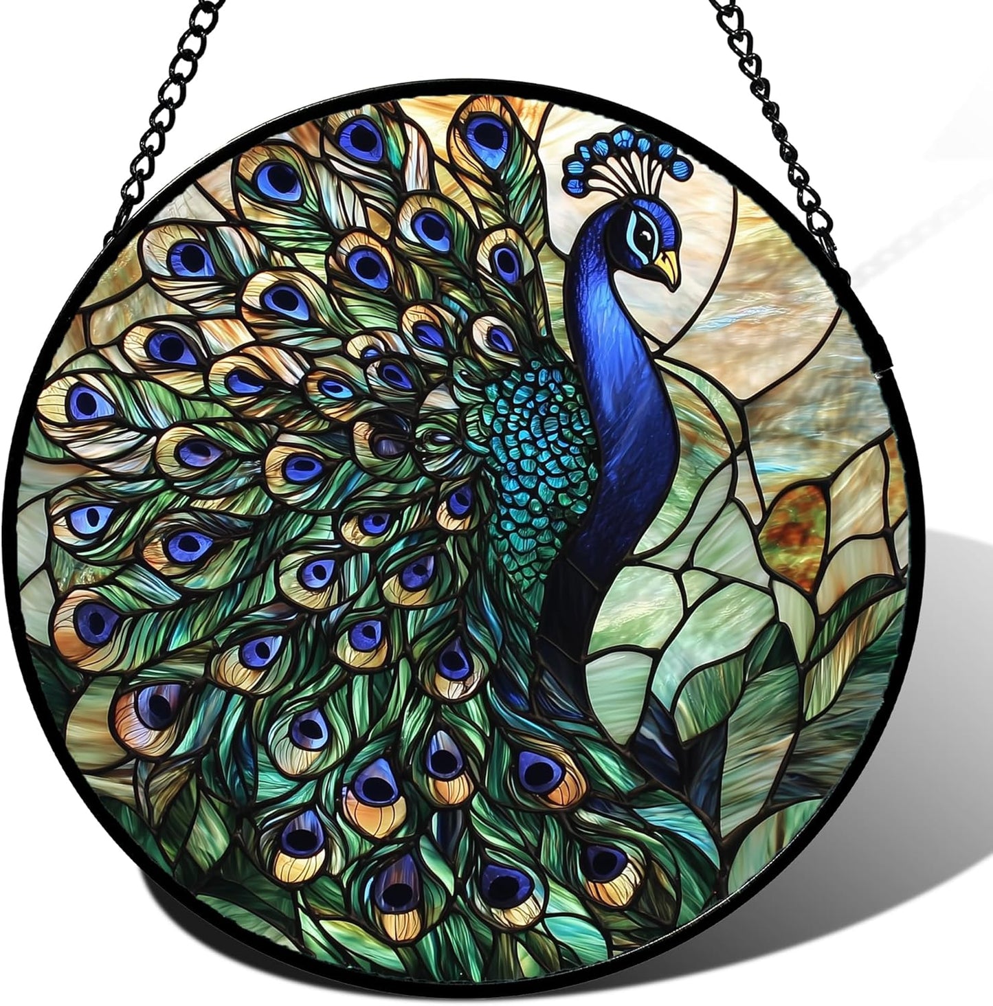 Stained Glass Window Hanging Blue Green Peacock Decor Suncatcher