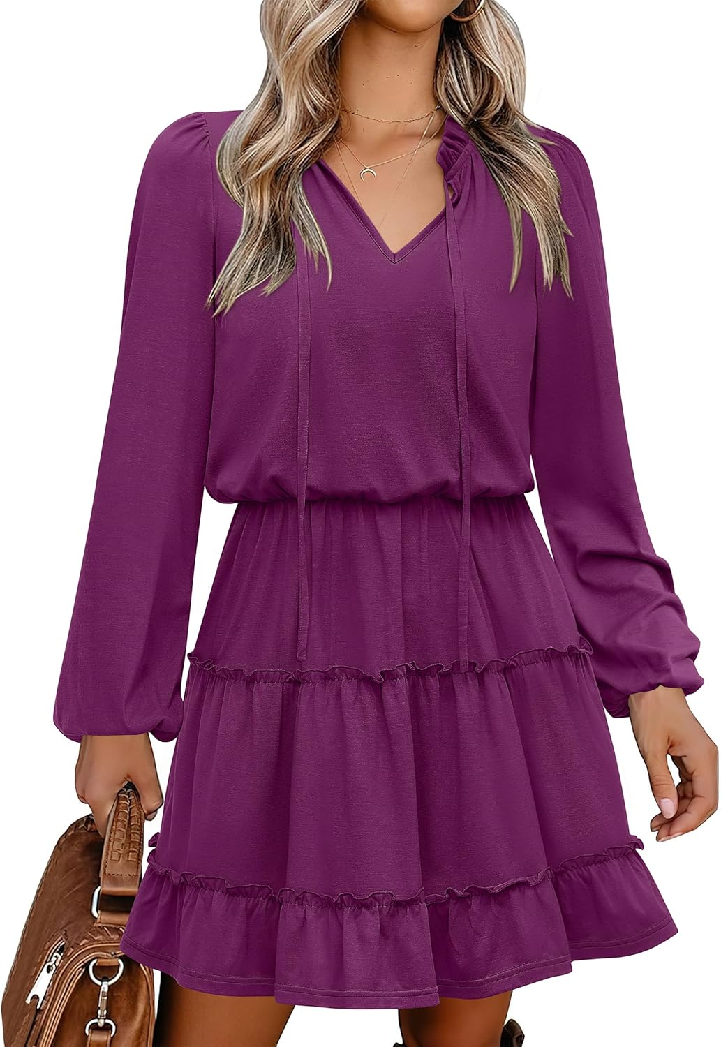Caracilia Long Sleeve Dress for Women - Casual V Neck Style