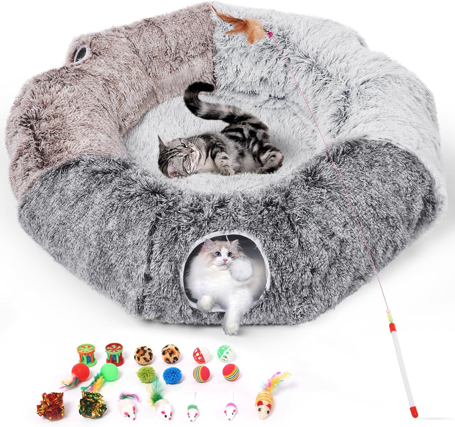 Odoland Large Cat Tunnel and Fluffy Bed for Indoor Fun