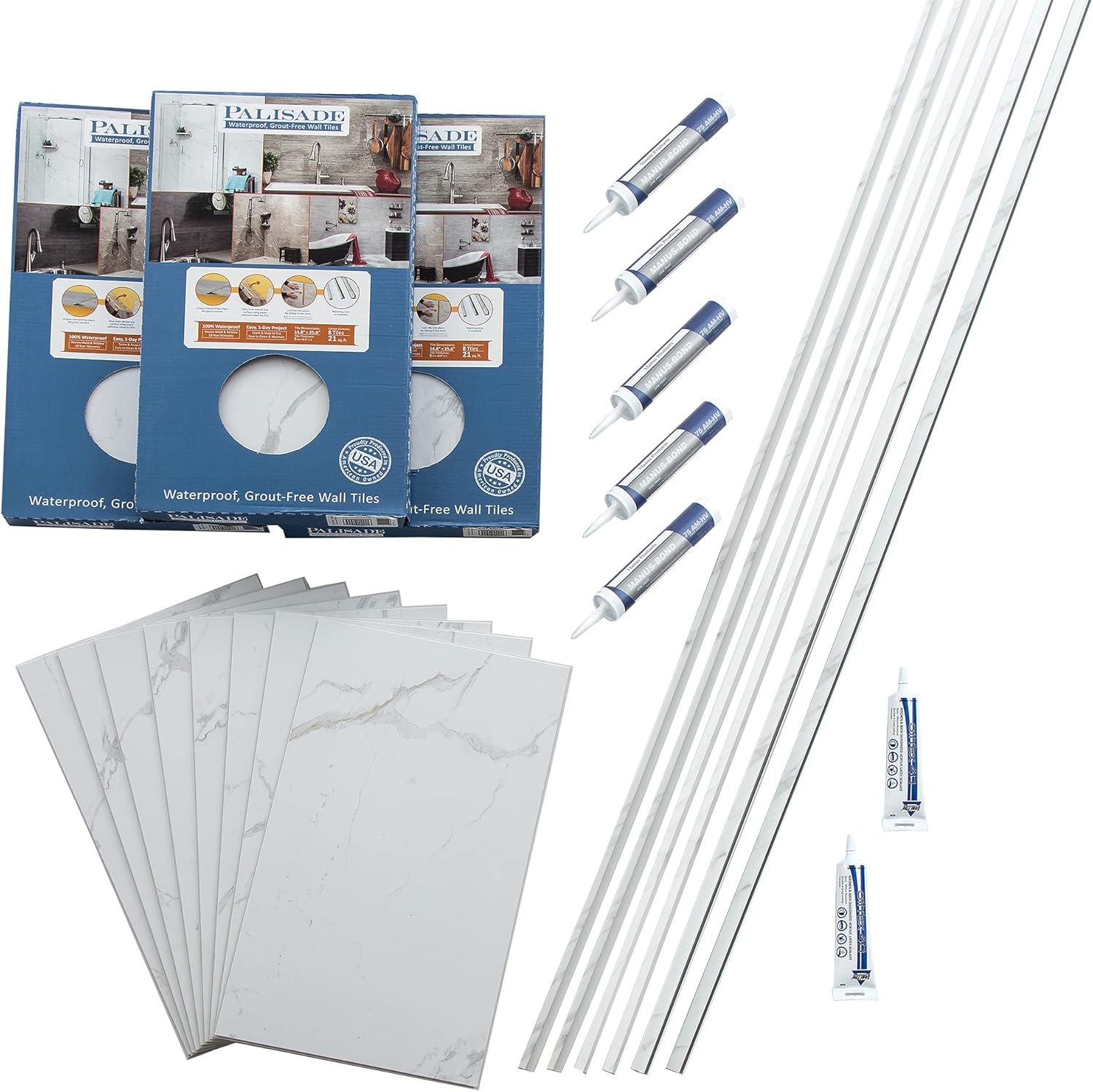 Palisade Interlocking Vinyl Tile Shower Kit in Carrara Marble