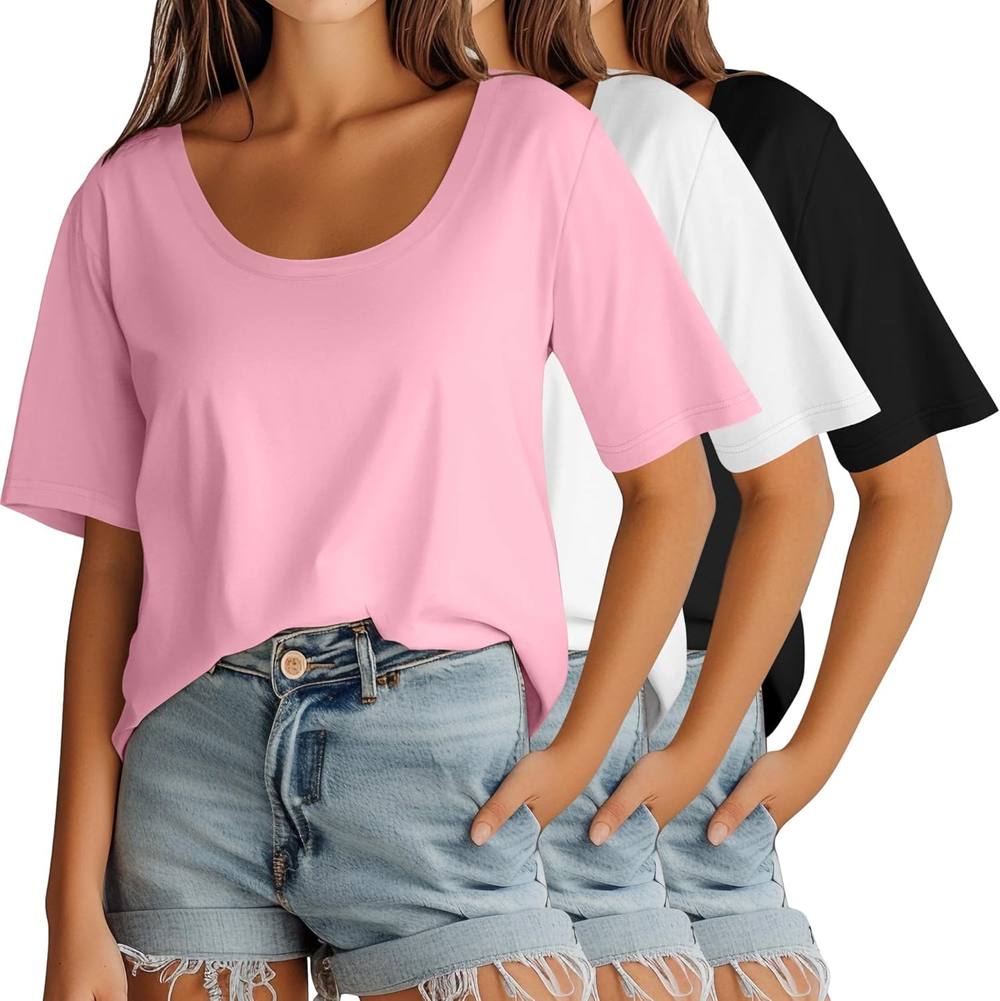 Ficerd 3 Pack Scoop Neck Elbow Length Half Sleeve Tops for Women