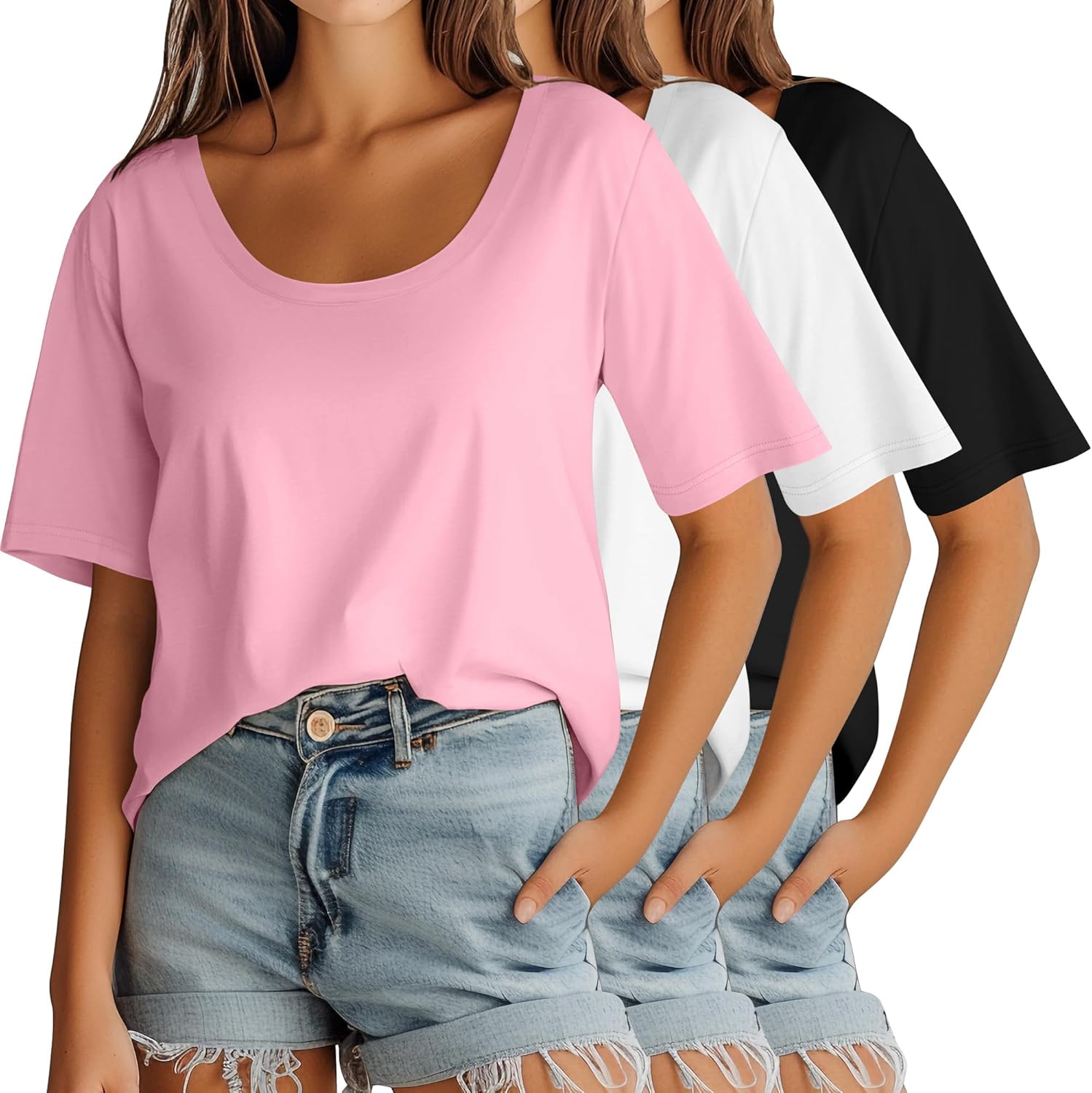 Ficerd 3 Pack Scoop Neck Elbow Length Half Sleeve Tops for Women