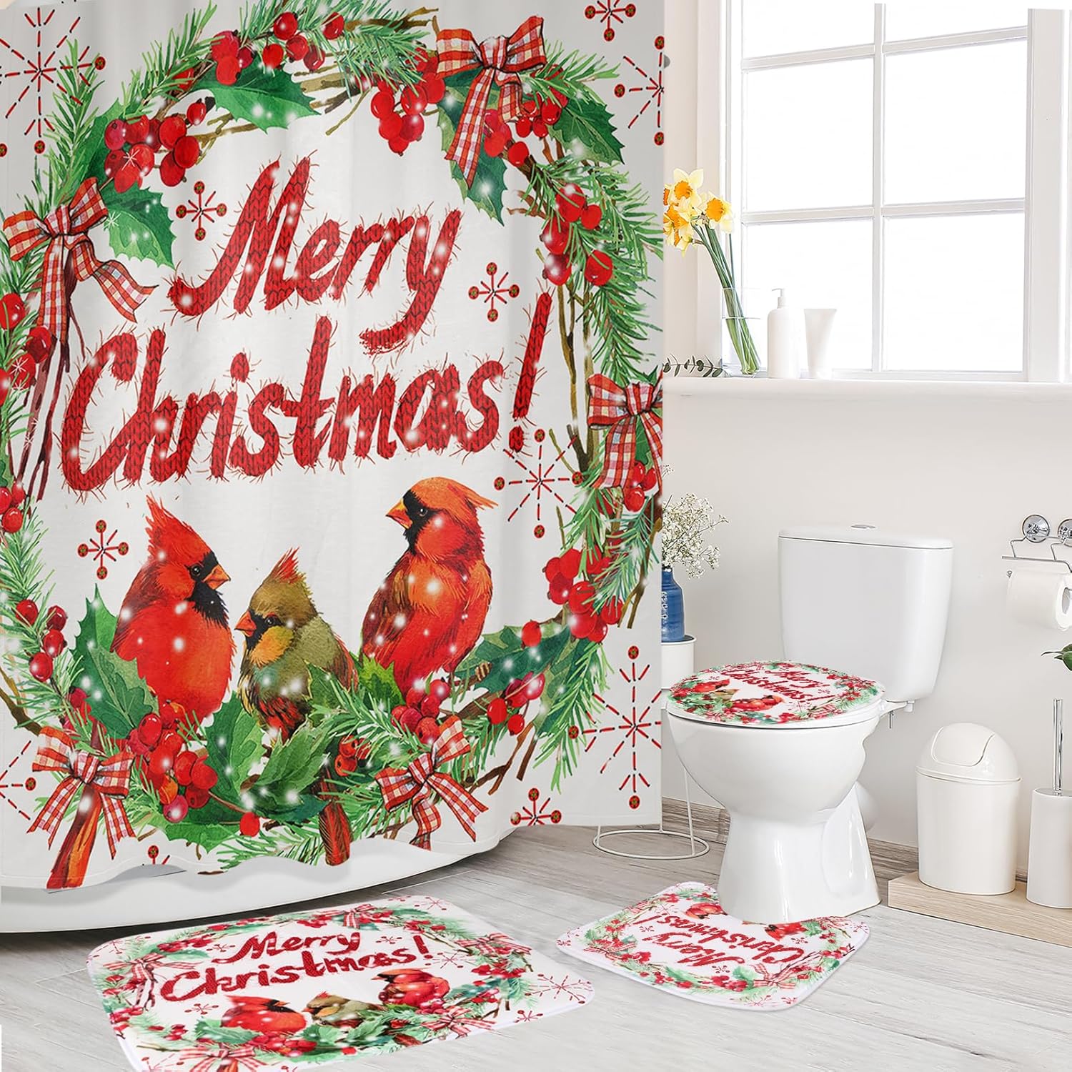 Christmas Shower Curtain Set - Festive Cardinal Decor 