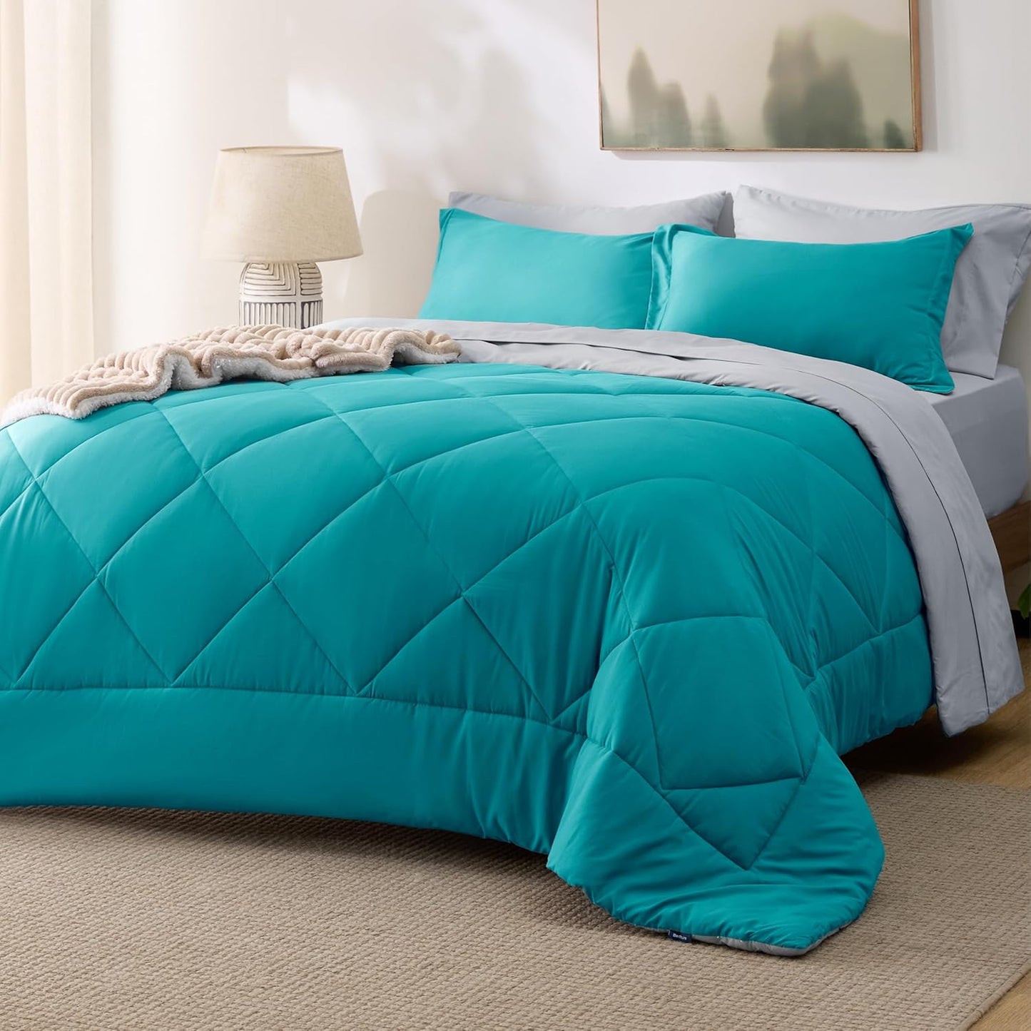 Bedsure King Size Comforter Set - 7 Pieces Reversible Teal Bedding
