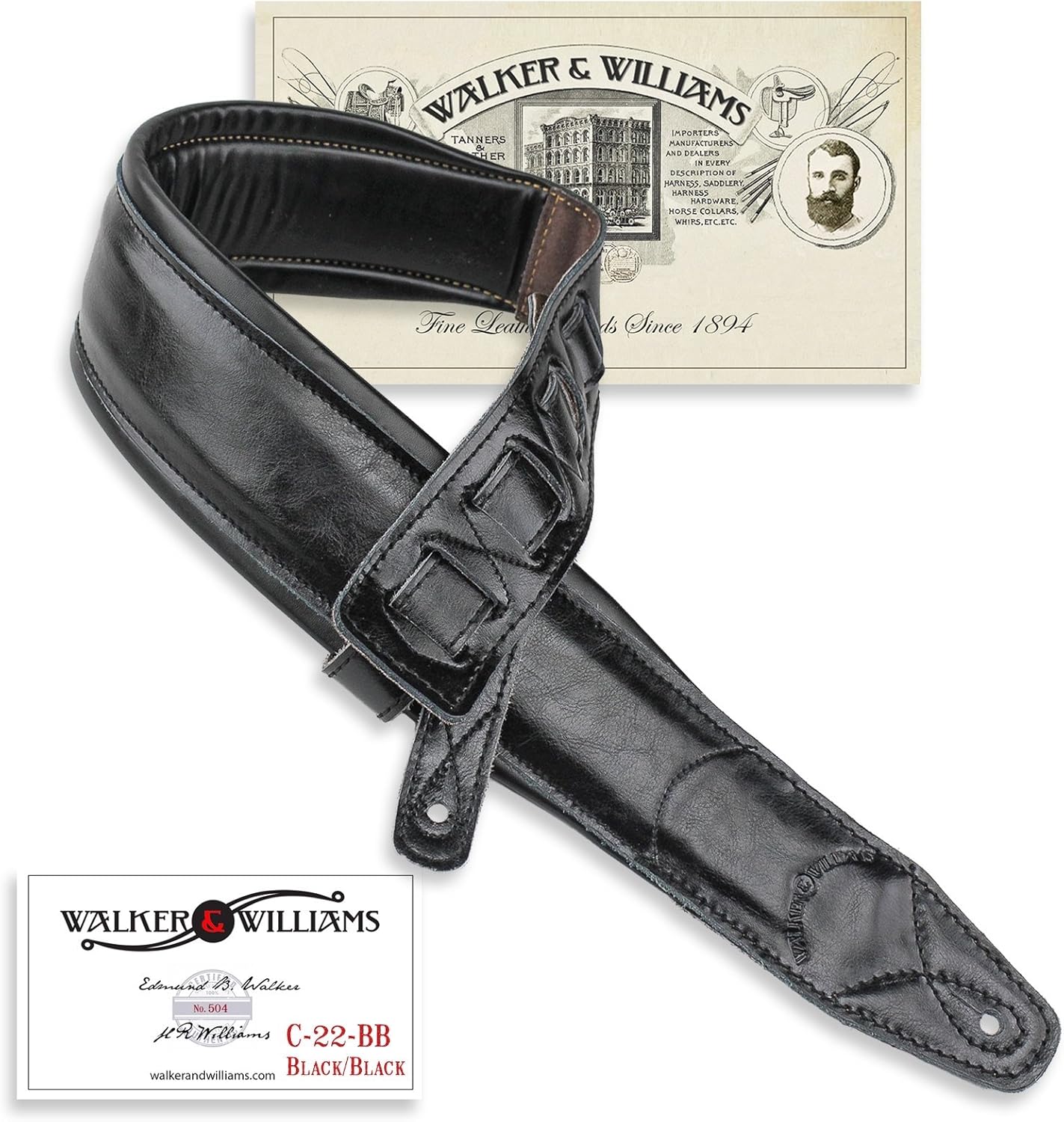 Walker & Williams C-22-BB Premium Leather Guitar Strap for All Guitars