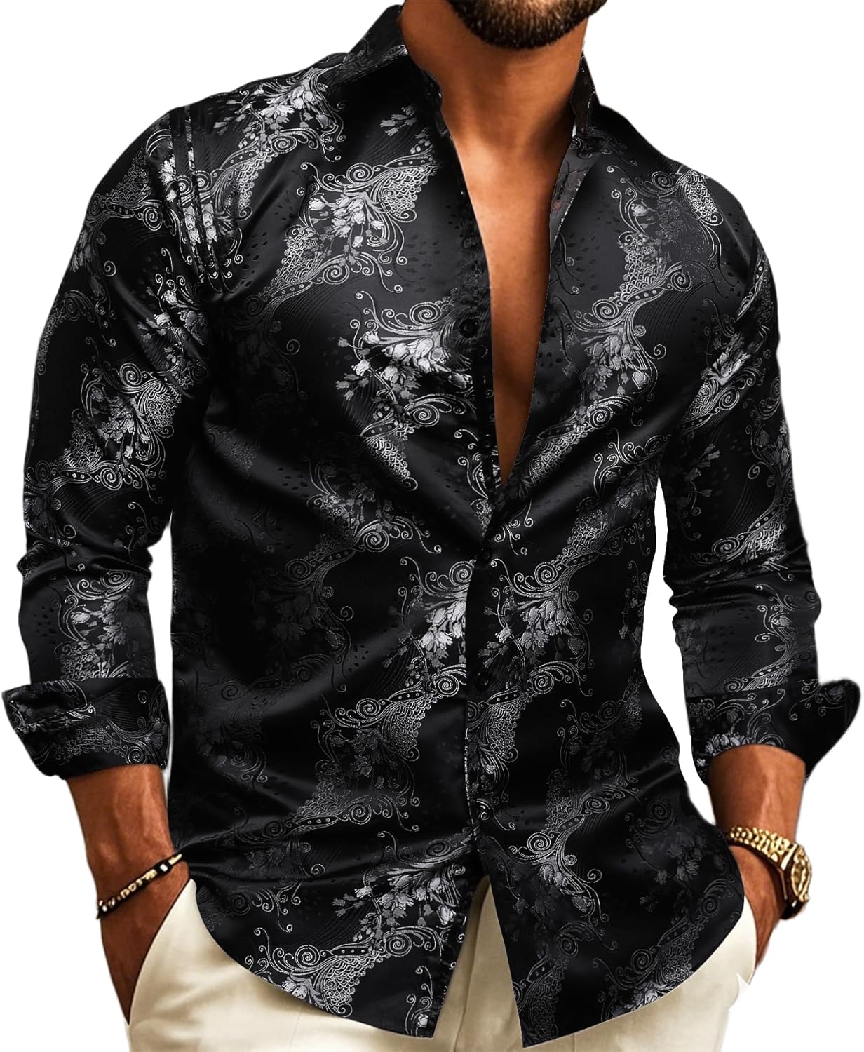Barry.Wang Mens Western Shirts Silk Paisley Long Sleeve Dress Shirt
