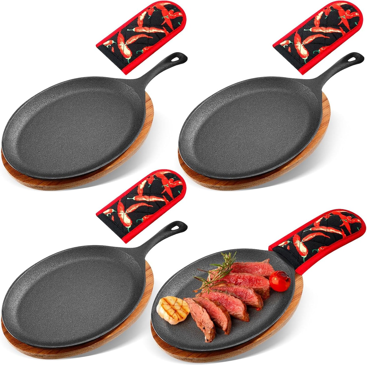 Cast Iron Fajita Plate Set with Wooden Tray and Mitts