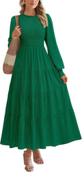 Women's Long Sleeve Maxi Dress Cotton Swiss Dot - Smocked Neck
