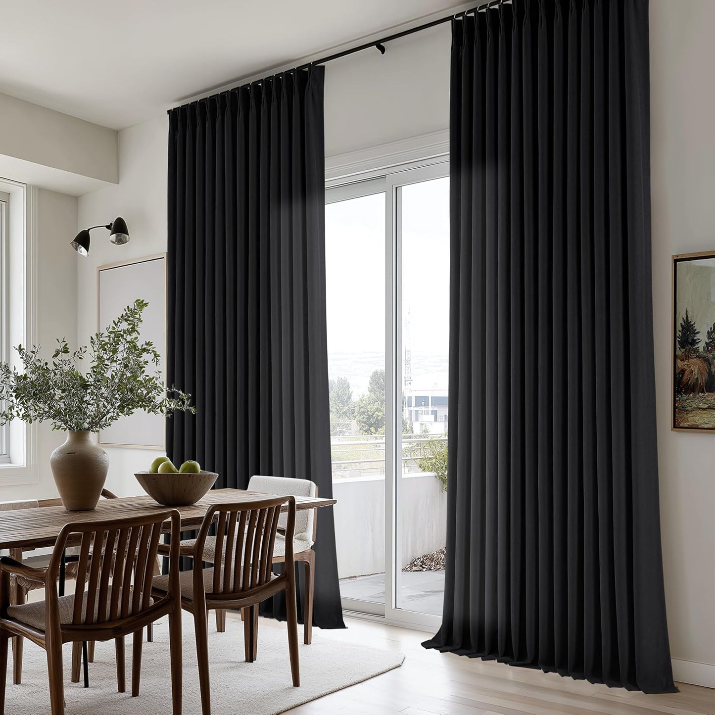 Black Pleated Linen Curtains 120 Inches Long for Living Room