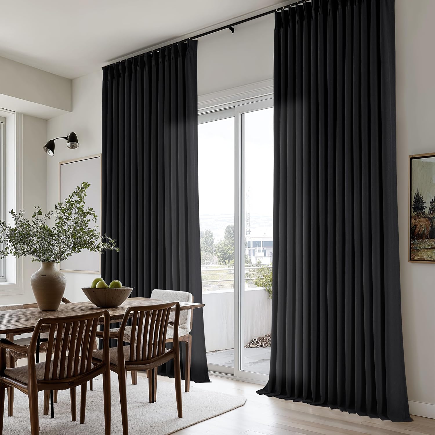 Black Pleated Linen Curtains 120 Inches Long for Living Room