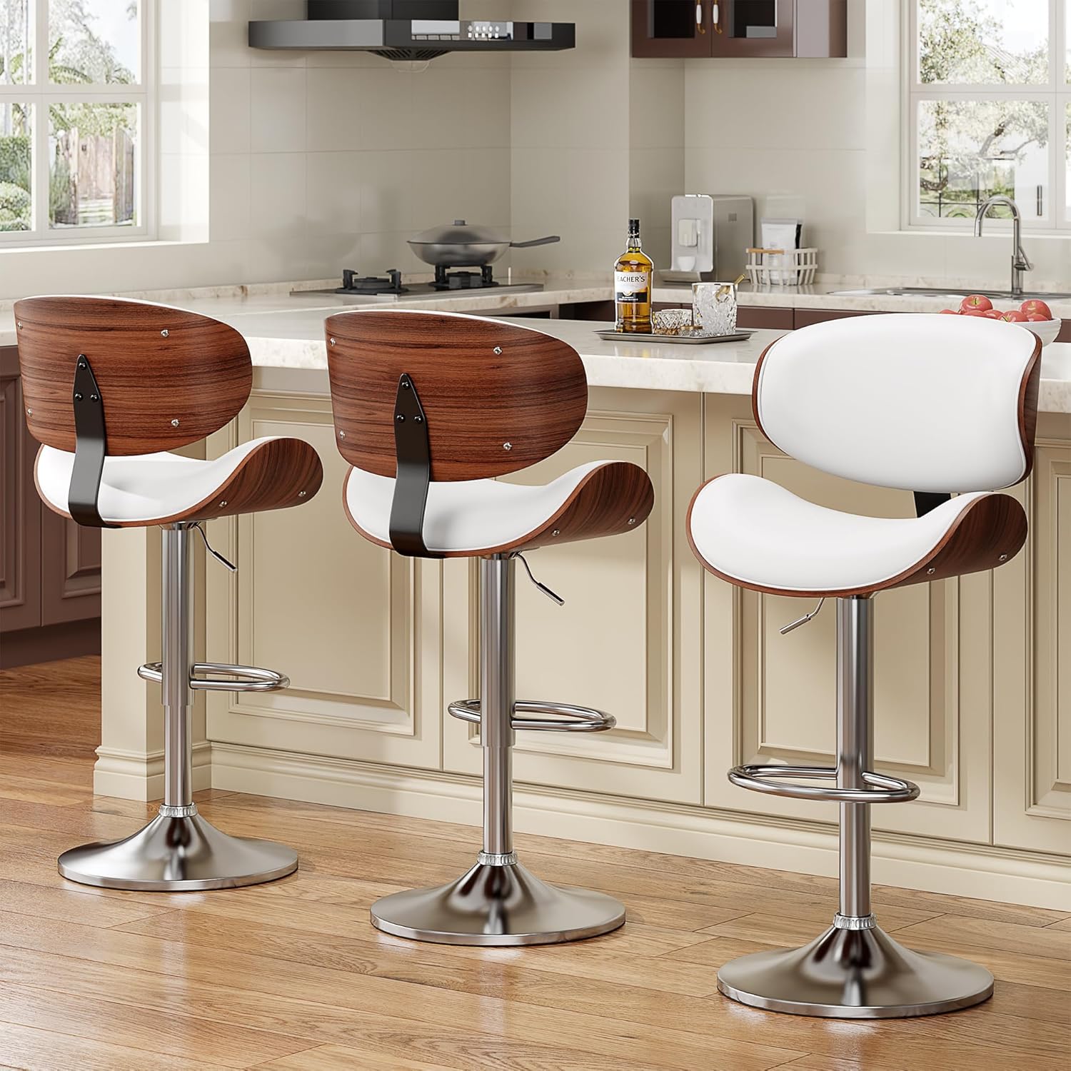 Bentwood Adjustable Height Swivel Bar Stools Set of 3 in White