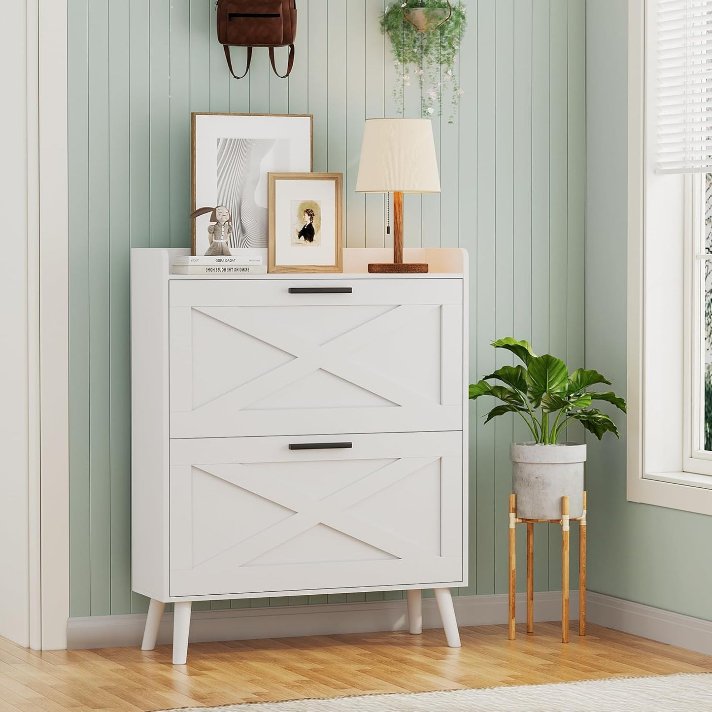 Farmhouse Shoe Storage Cabinet with Barn Door Design and Drawers