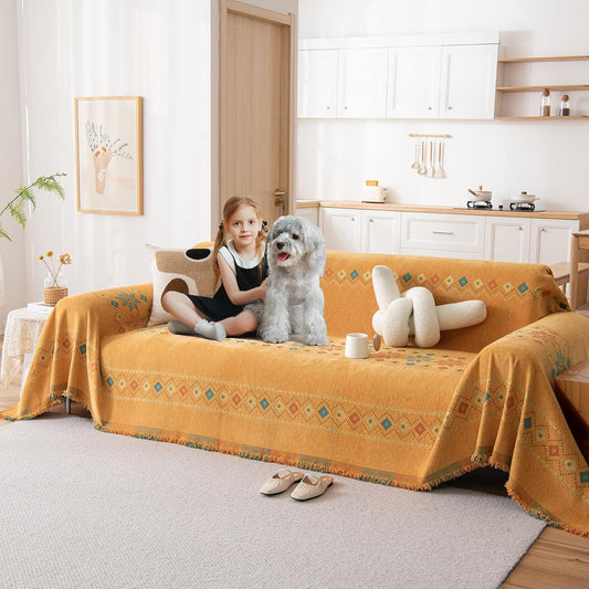 DREAMINGO Orange Boho Sofa Cover for 3 Cushion Couch 71inx134