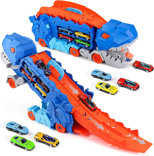 Dinosaur Transport Truck with 6 Racing Cars for Kids Fun