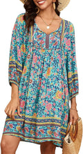 Womens Rayon V Neck 3/4 Sleeve Boho Floral Mini Dress - Lightweight