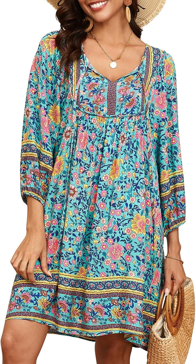 Qearal Womens Casual V Neck Boho Floral Mini Summer Dress
