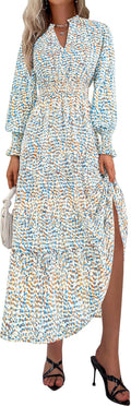 Women's Floral Maxi Dress V Neck Long Sleeve - Flowy Boho Fit Casual
