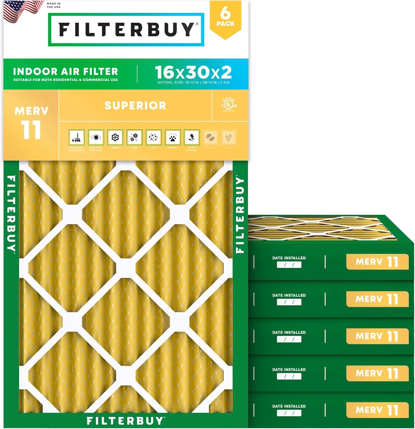 Filterbuy 16x30x2 Air Filter MERV 11 for Pets and Allergies