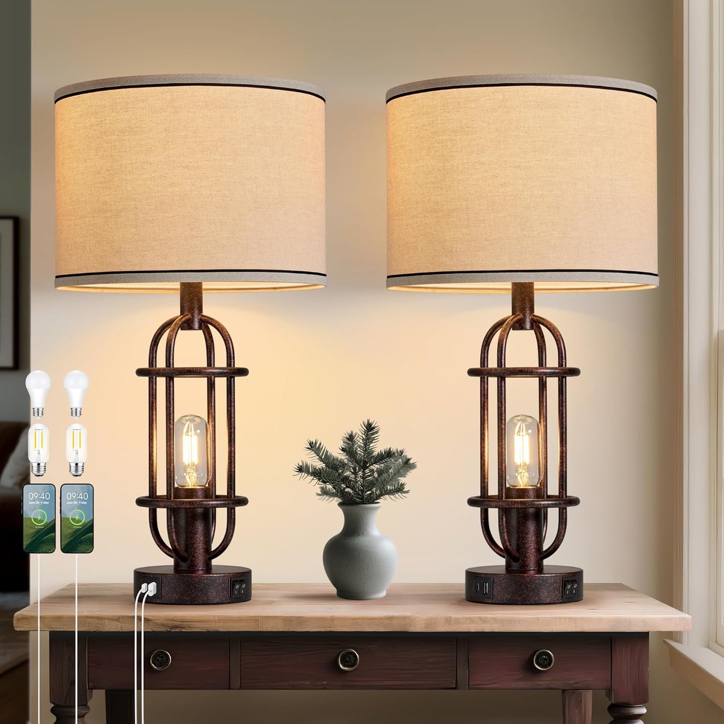 22.3 Table Lamps Set of 2 with USB Ports for Living Room