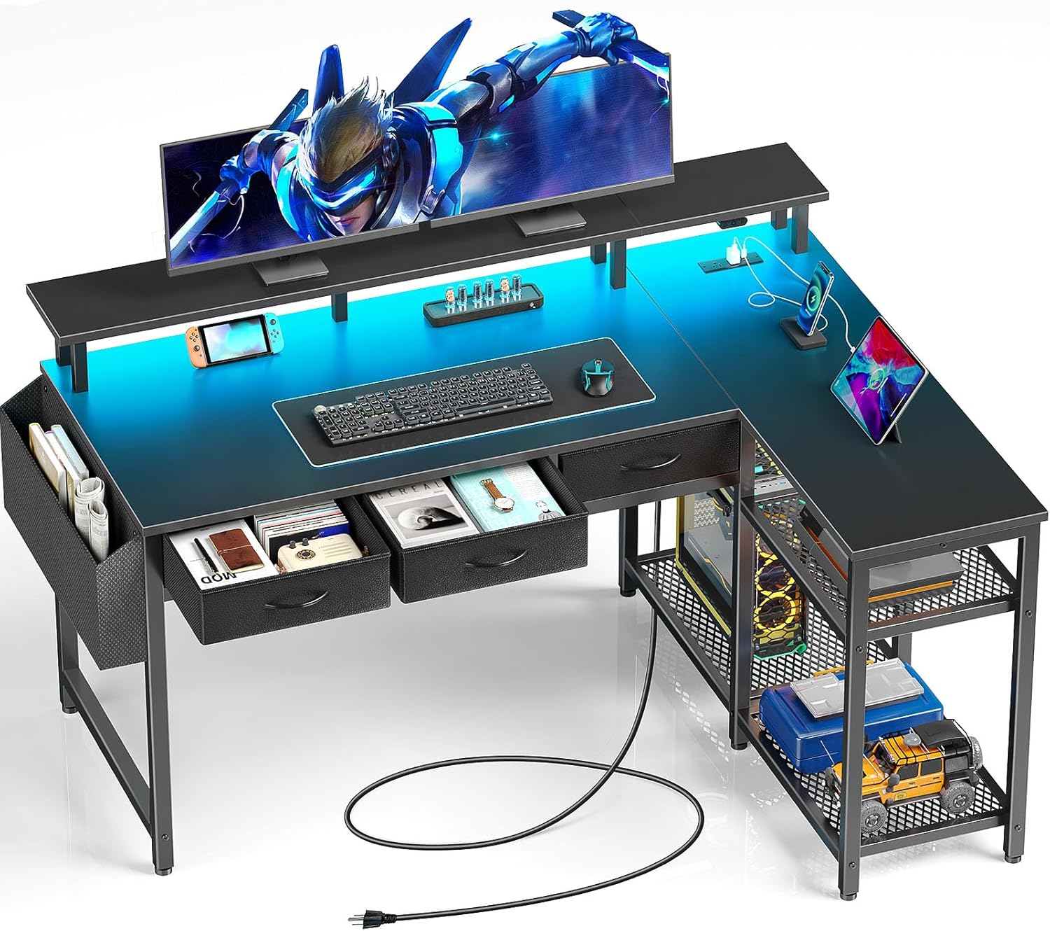 Modern Black L Desk with Storage & Power Outlets
