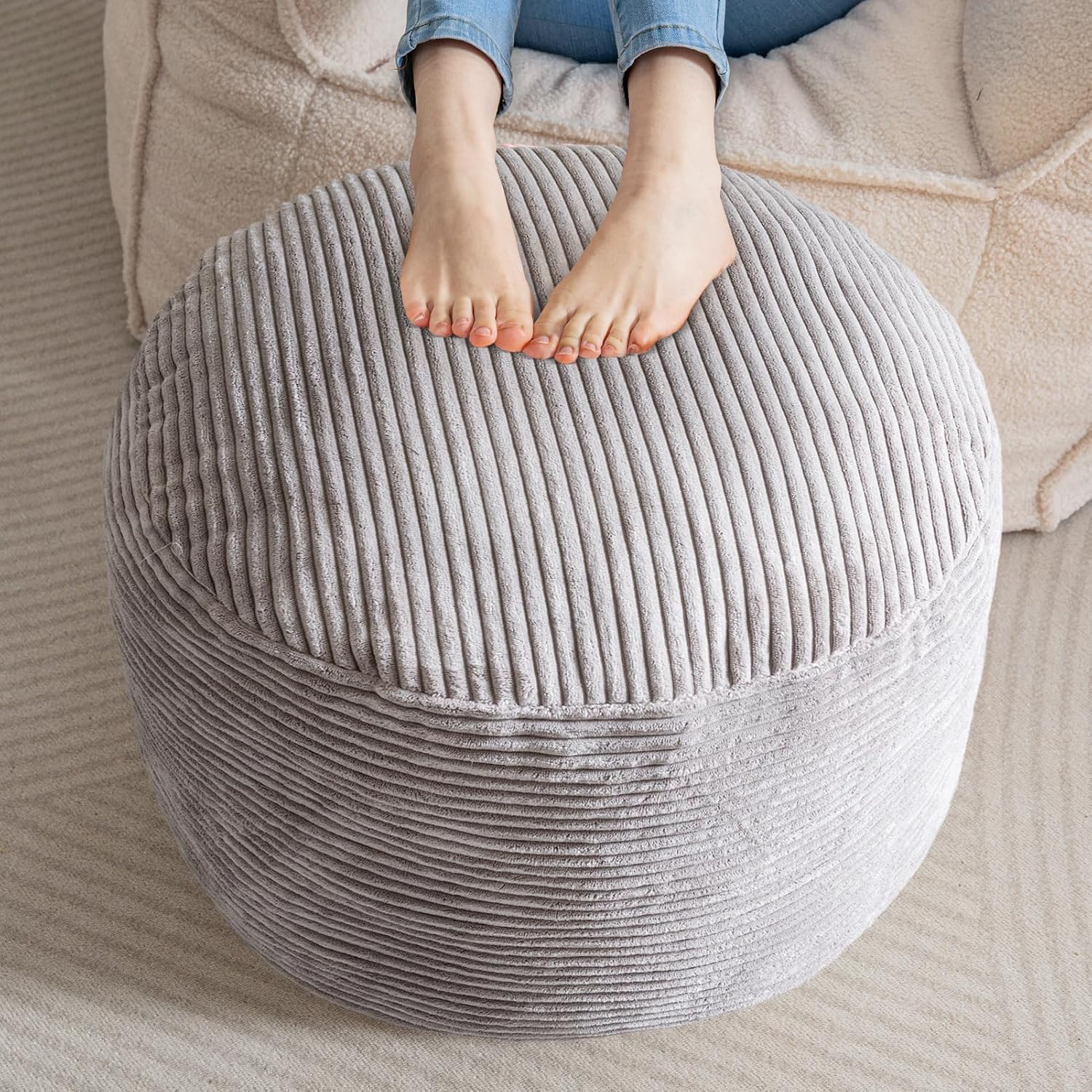 HIGOGOGO Round Stuffed Pouf Ottoman for Living Room Comfort