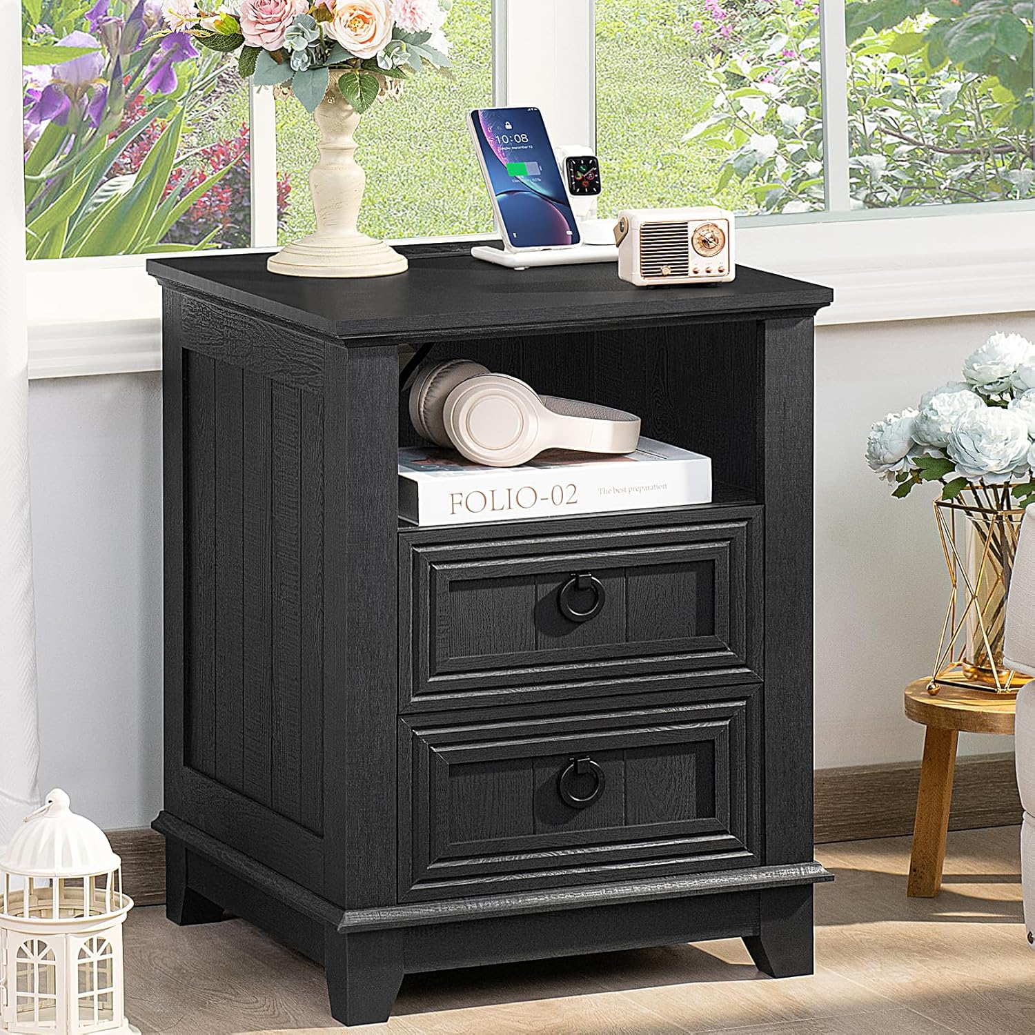 Farmhouse Night Stand with Charging Station and 2 Drawers