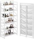 JSB No Assembly Folding Bookshelf, 6 Tier Industrial Wood Shelf