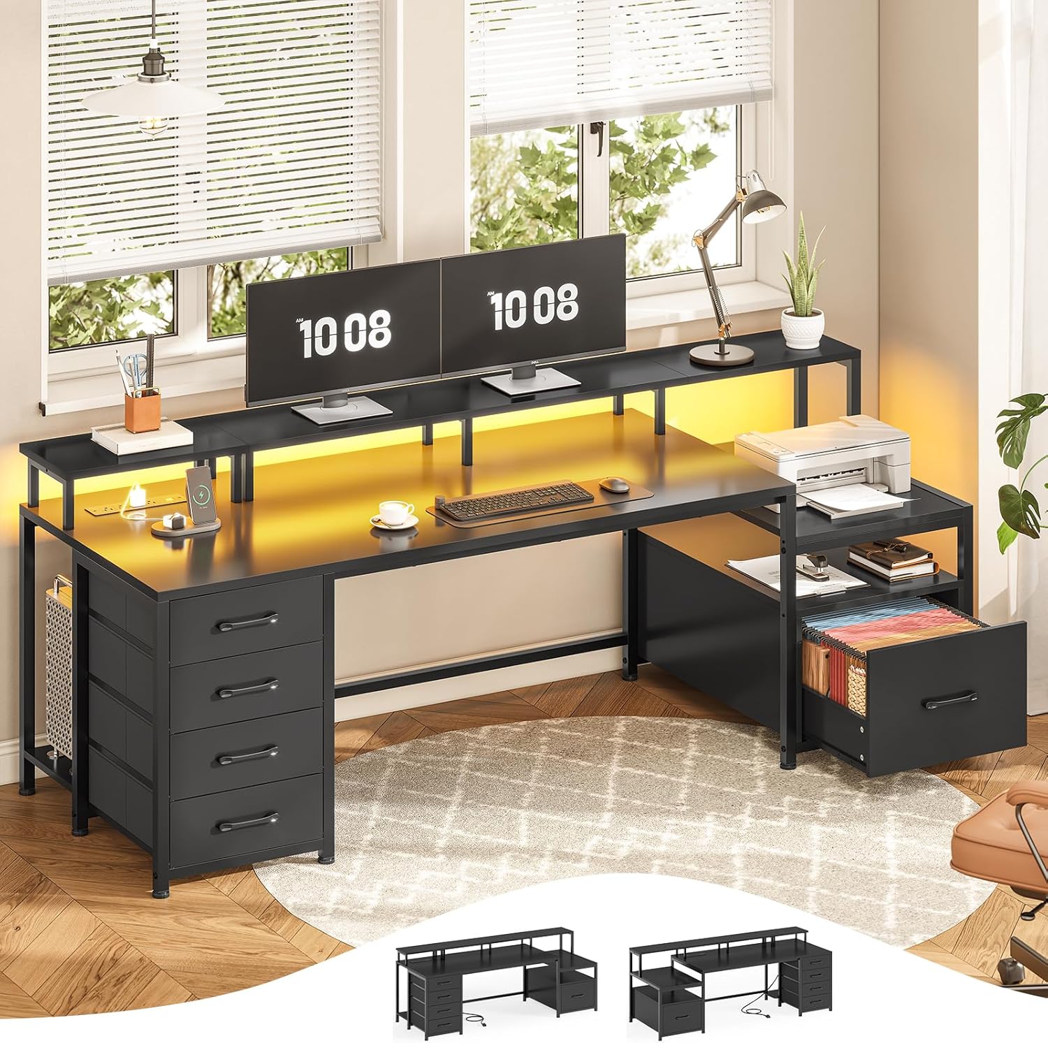 SEDETA 75ft' Computer Desk with 5 Drawers and LED Lights