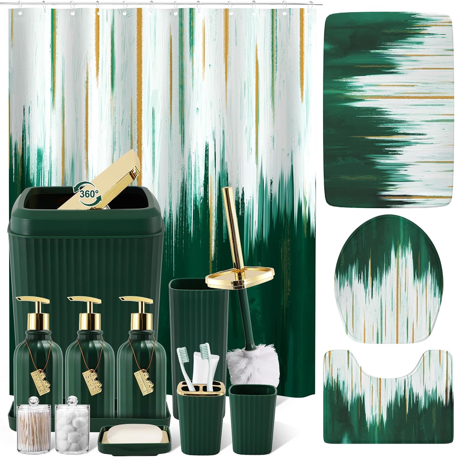 32PCS Dark Green Bathroom Sets with Shower Curtain and Rugs