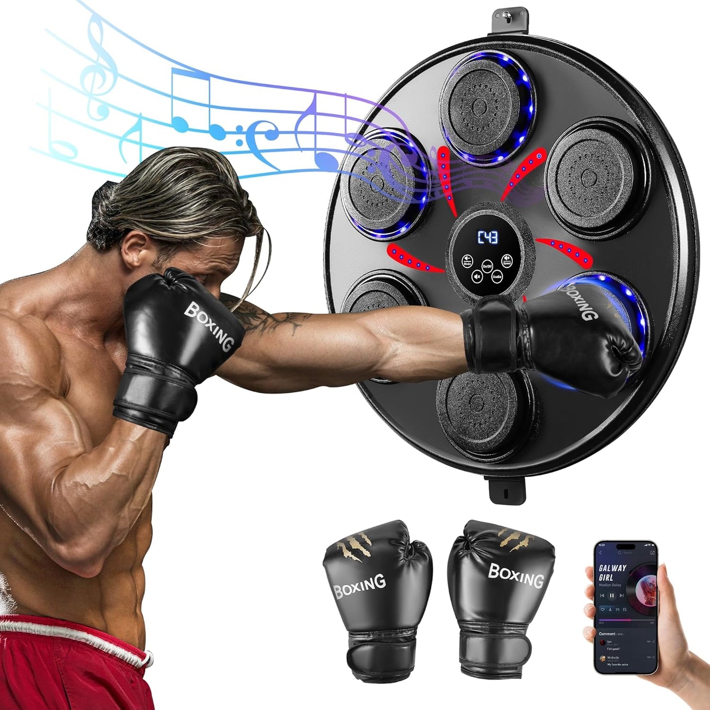 9-Speed Music Boxing Machine - LED Display, Bluetooth - Home & Gym - Gloves Incl.