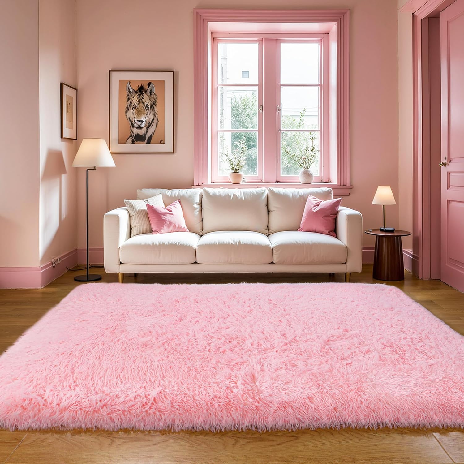 Thick Area Rug 5x8 Pink Fluffy Fuzzy for Girls Bedroom