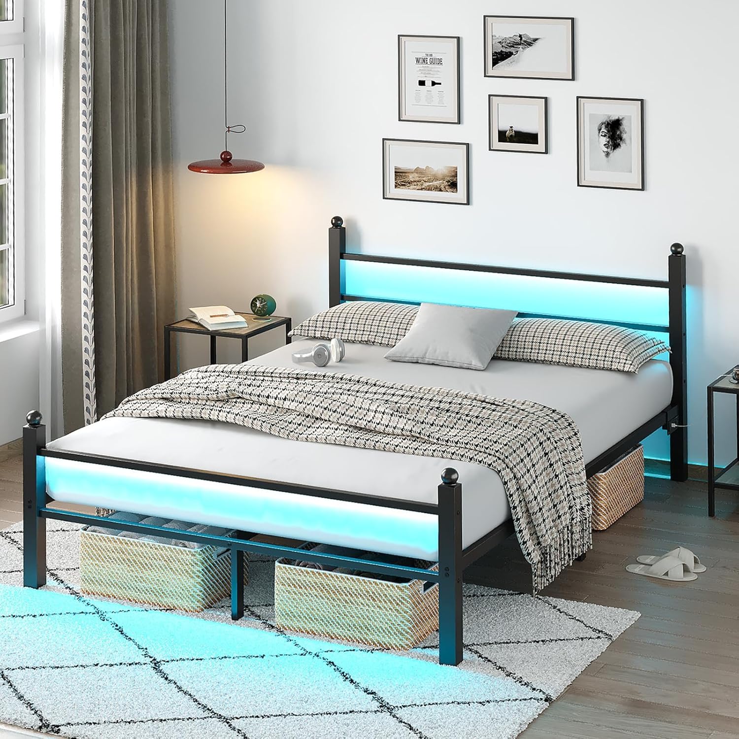 Full Bed Frame with Headboard, LED Lights and Charging Station