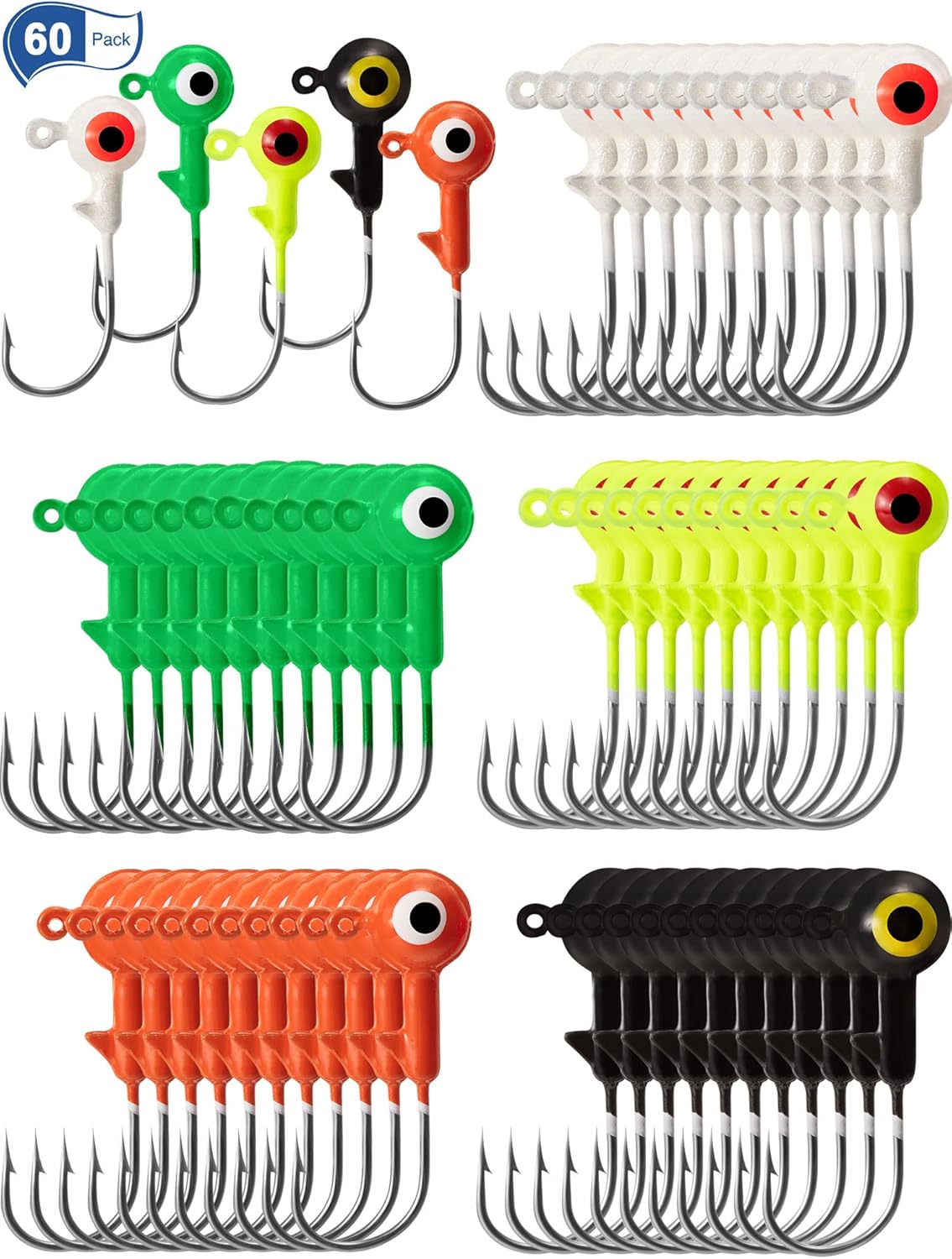 Gejoy 60 Pcs Ball Head Jig Fishing Lures - Dual Eyes, Freshwater or Saltwater!