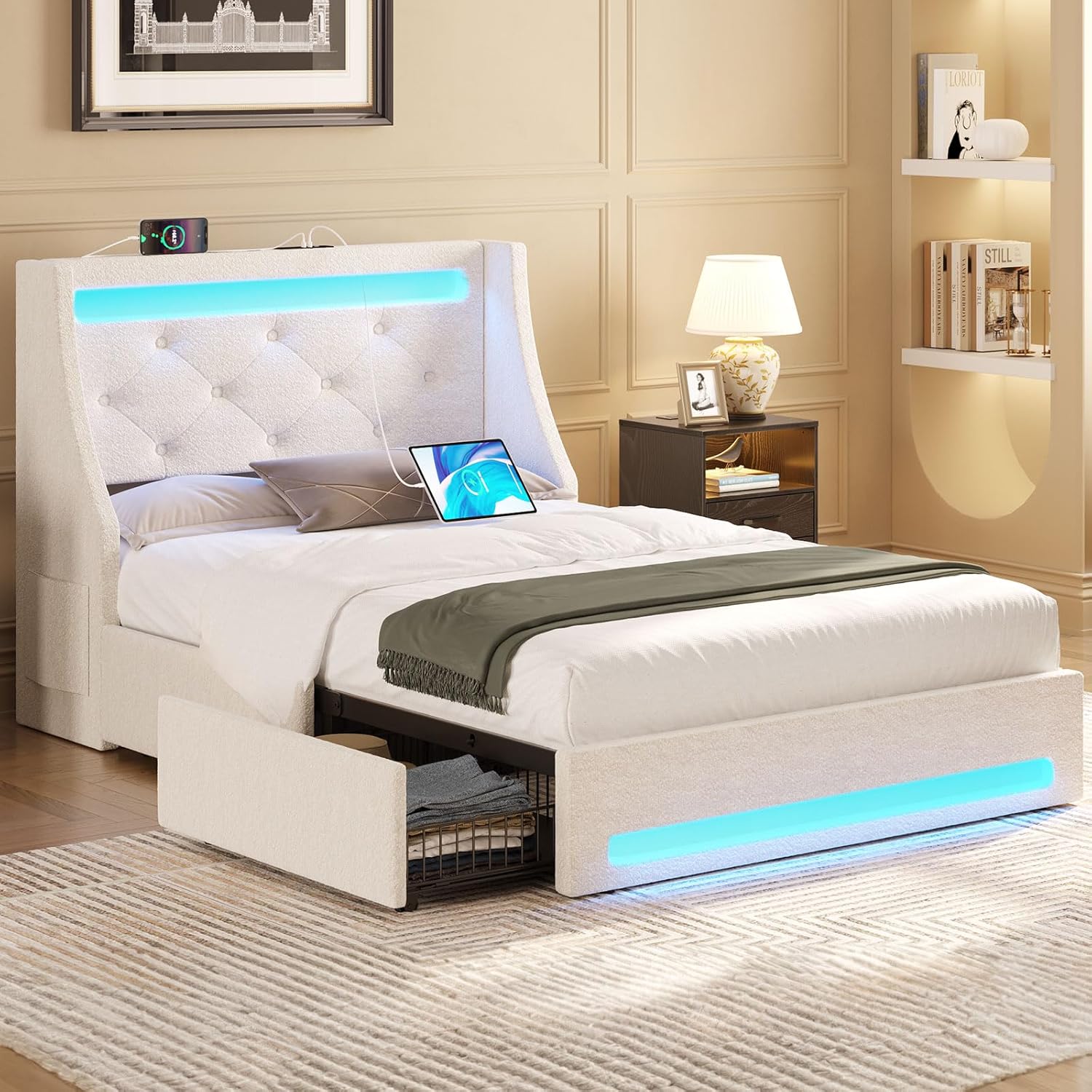 Rolanstar Twin Bed Frame with LED Lights and Charging Station