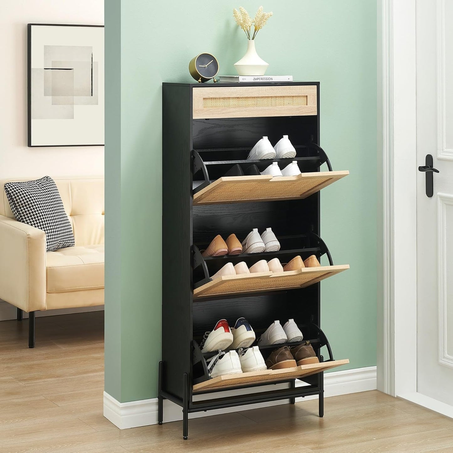 3 Flip Drawers Shoe Storage Cabinet with Rattan Design for Entryway