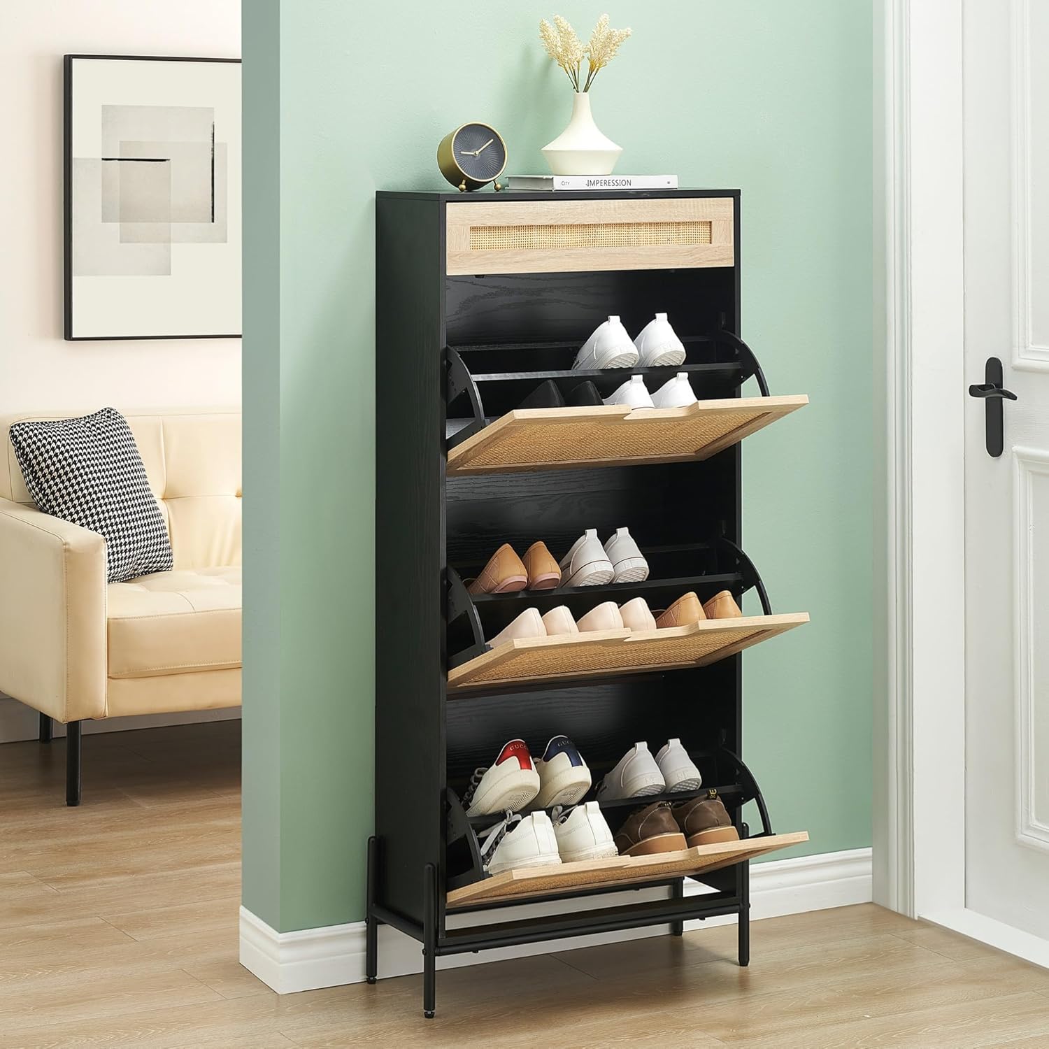 3 Flip Drawers Shoe Storage Cabinet with Rattan Design for Entryway