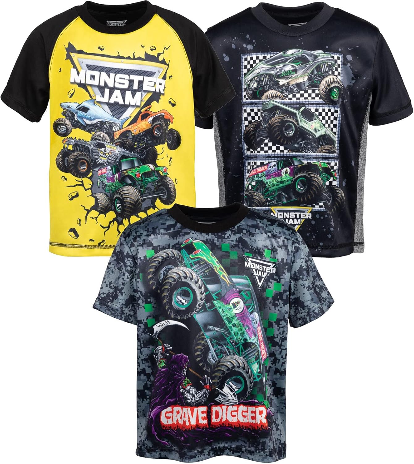 Monster Jam T-Shirts 3 Pack for Kids Featuring Grave Digger