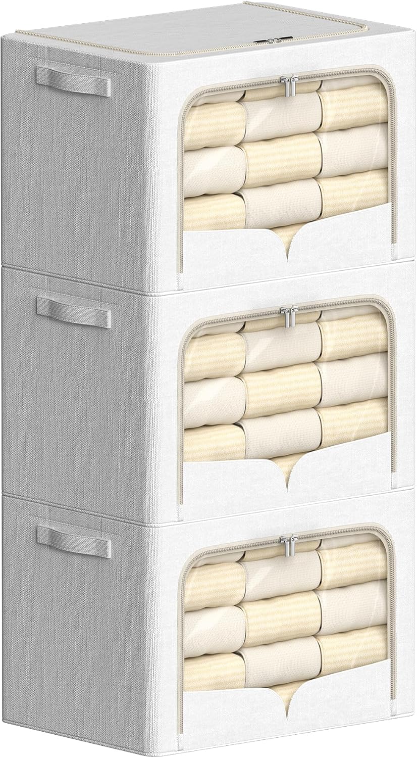 3 Pack Foldable Metal Frame Storage Bins for Organizing Clothes