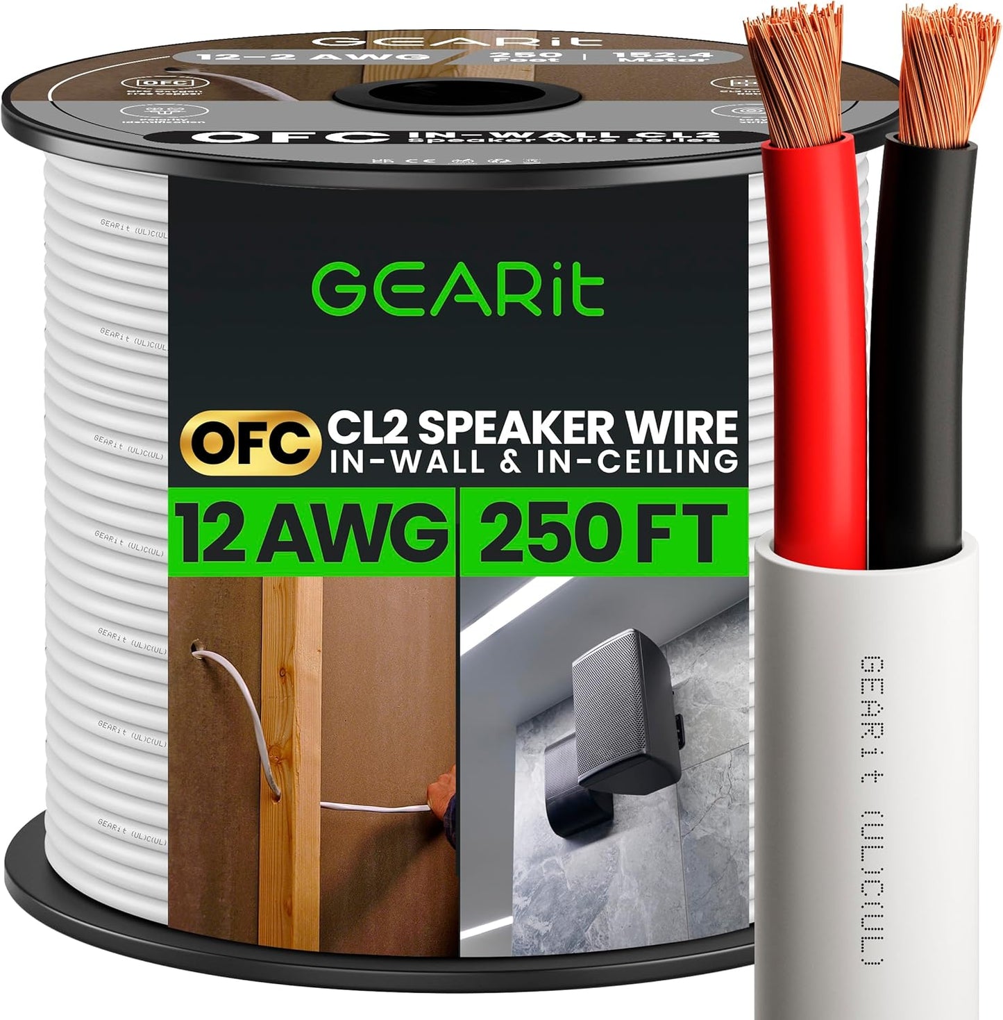 GEARIT 12AWG 250ft Speaker Wire - Oxygen-Free Copper for Premium Sound