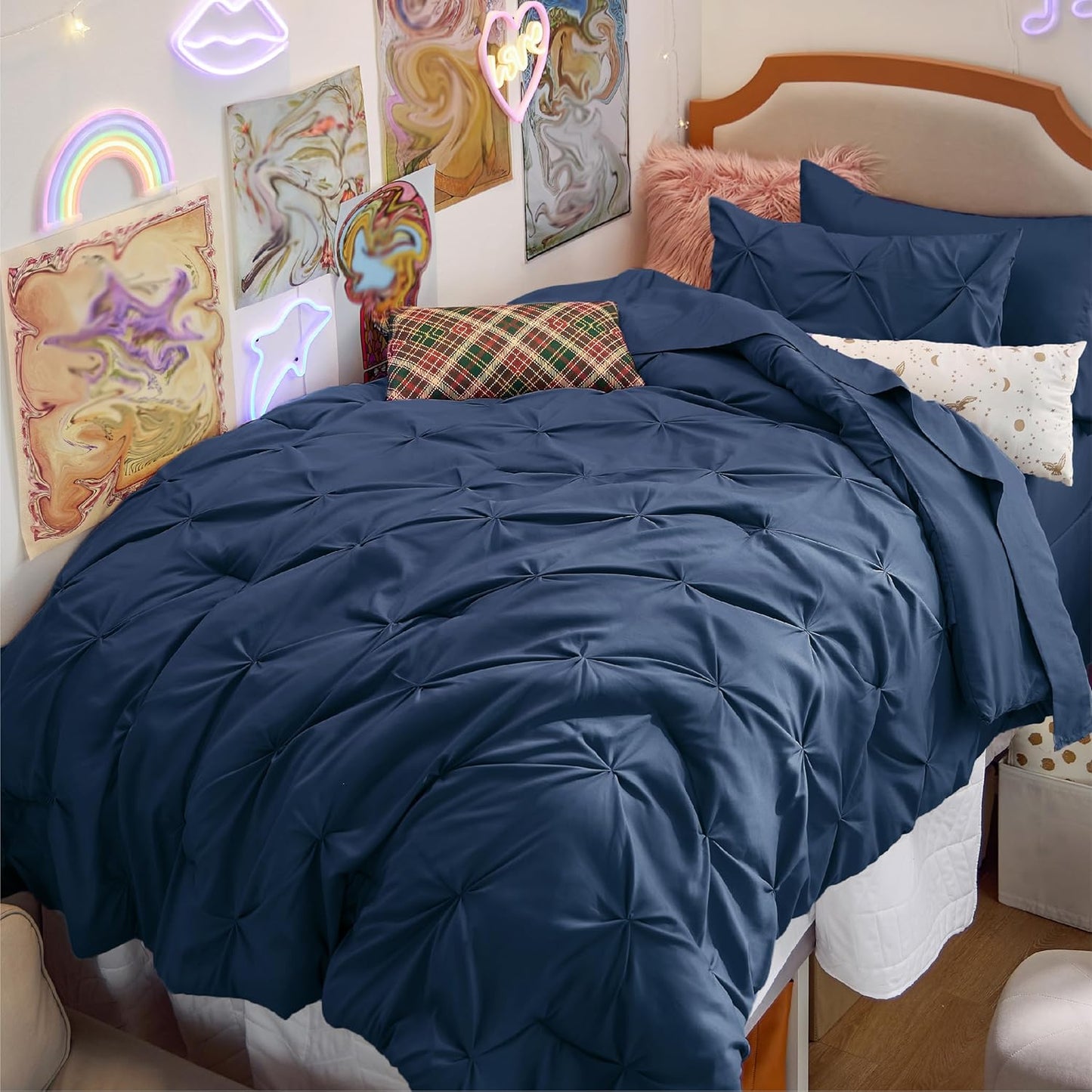 Bedsure Twin Comforter Set Navy - Soft Pintuck Bedding 5 Pieces