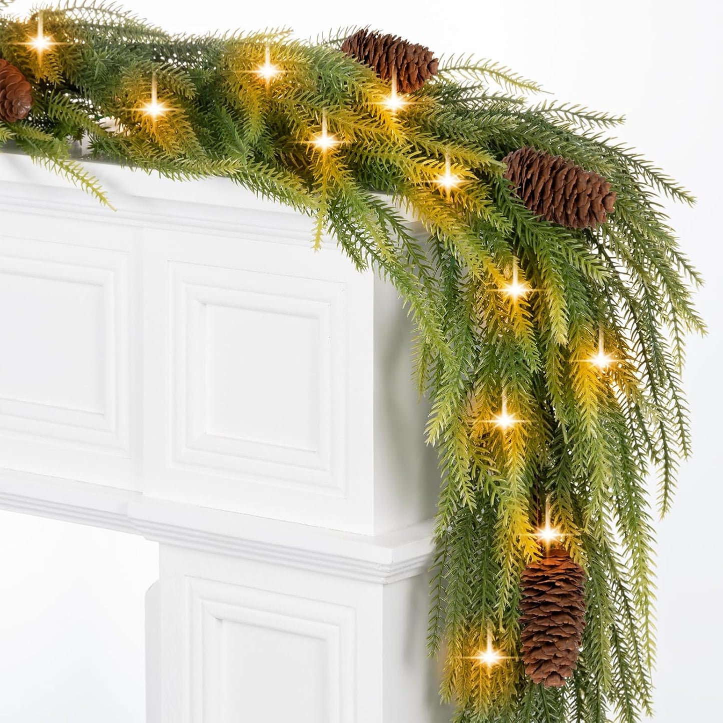 9FT Norfolk Pine Garland with Lights for Festive Decor