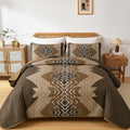 Brown Quilt Set Queen Size Boho Aztec Reversible Quilt - Lightweight