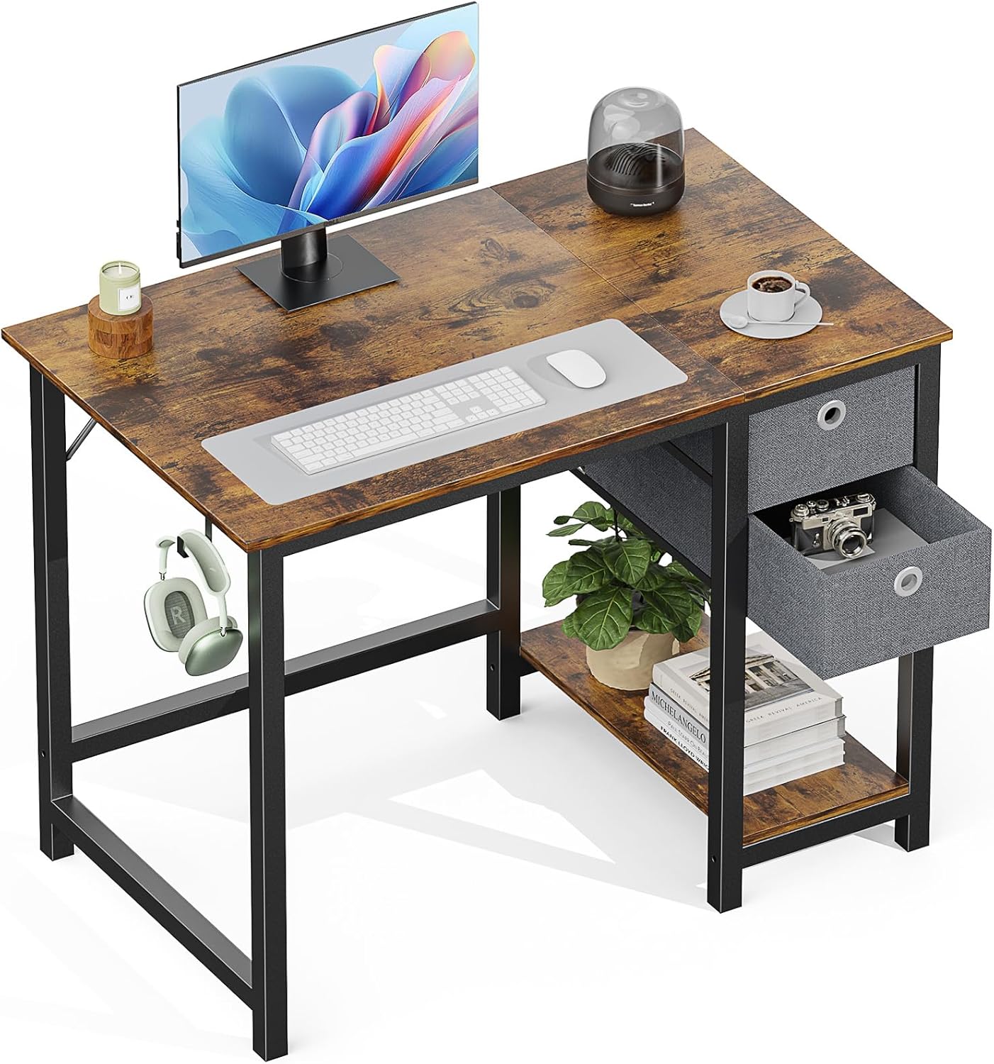 Compact Rustic Brown Desk with Drawers - Space Saving