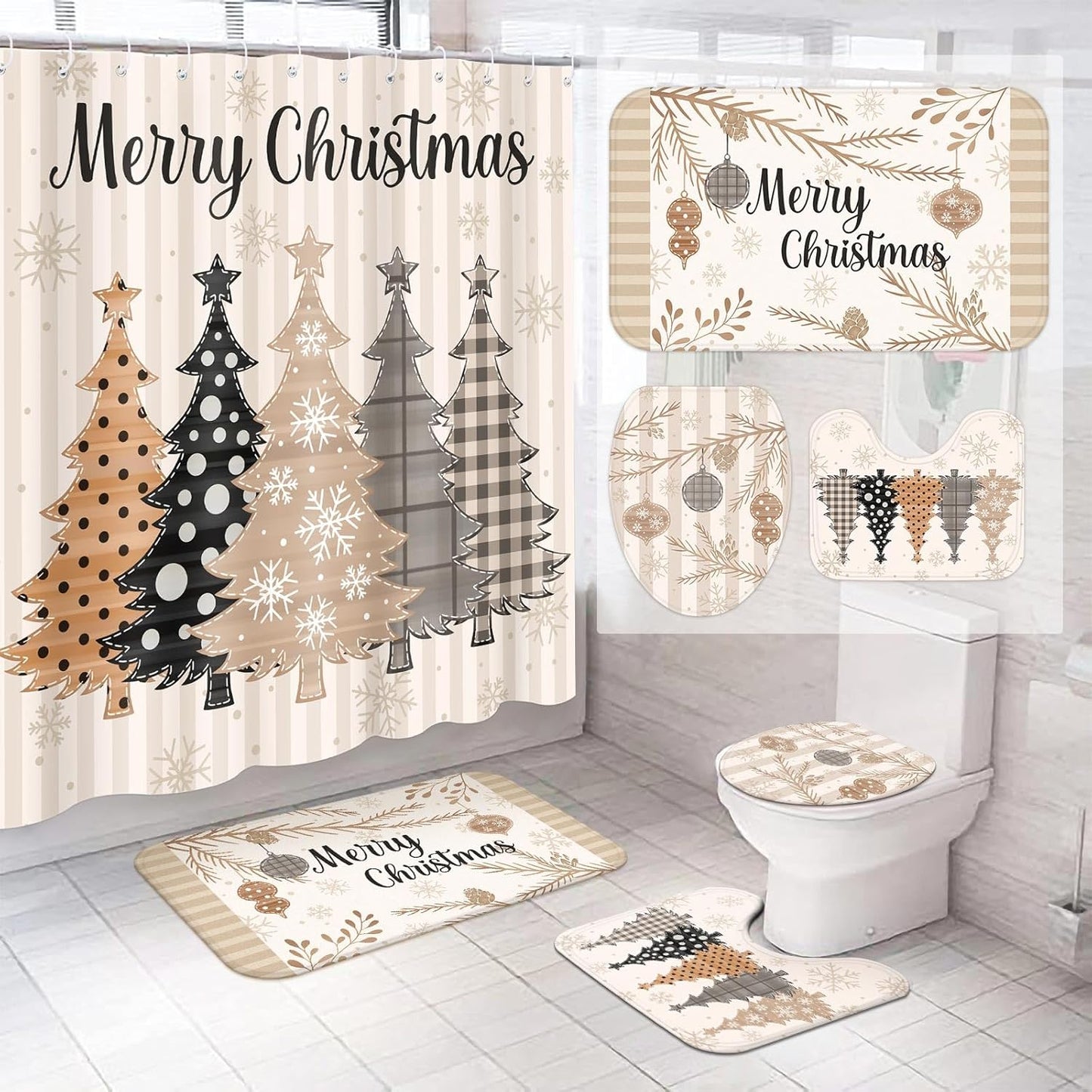 Christmas Tree Bathroom Set - Festive Decor with 12 Hooks